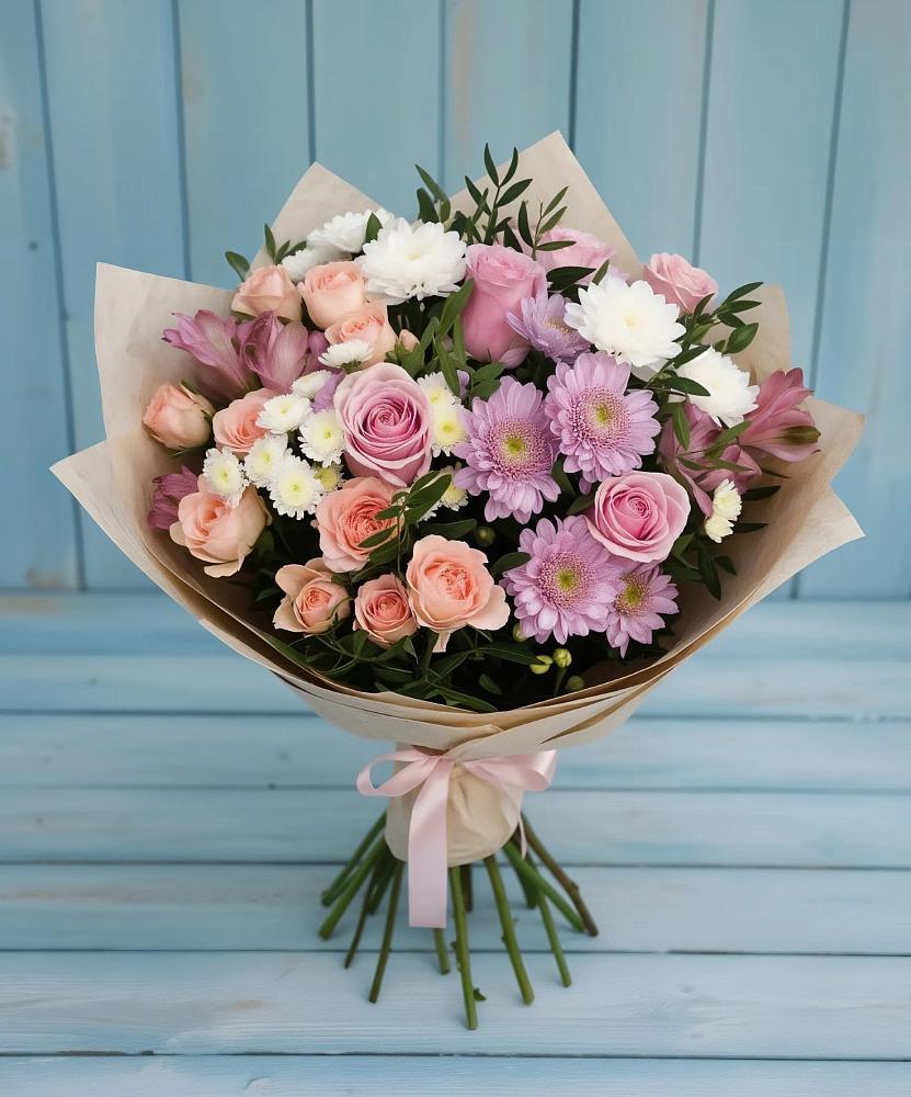 Букет цветов из: Хризантемы, Розы и Альстромерии в Беркакит