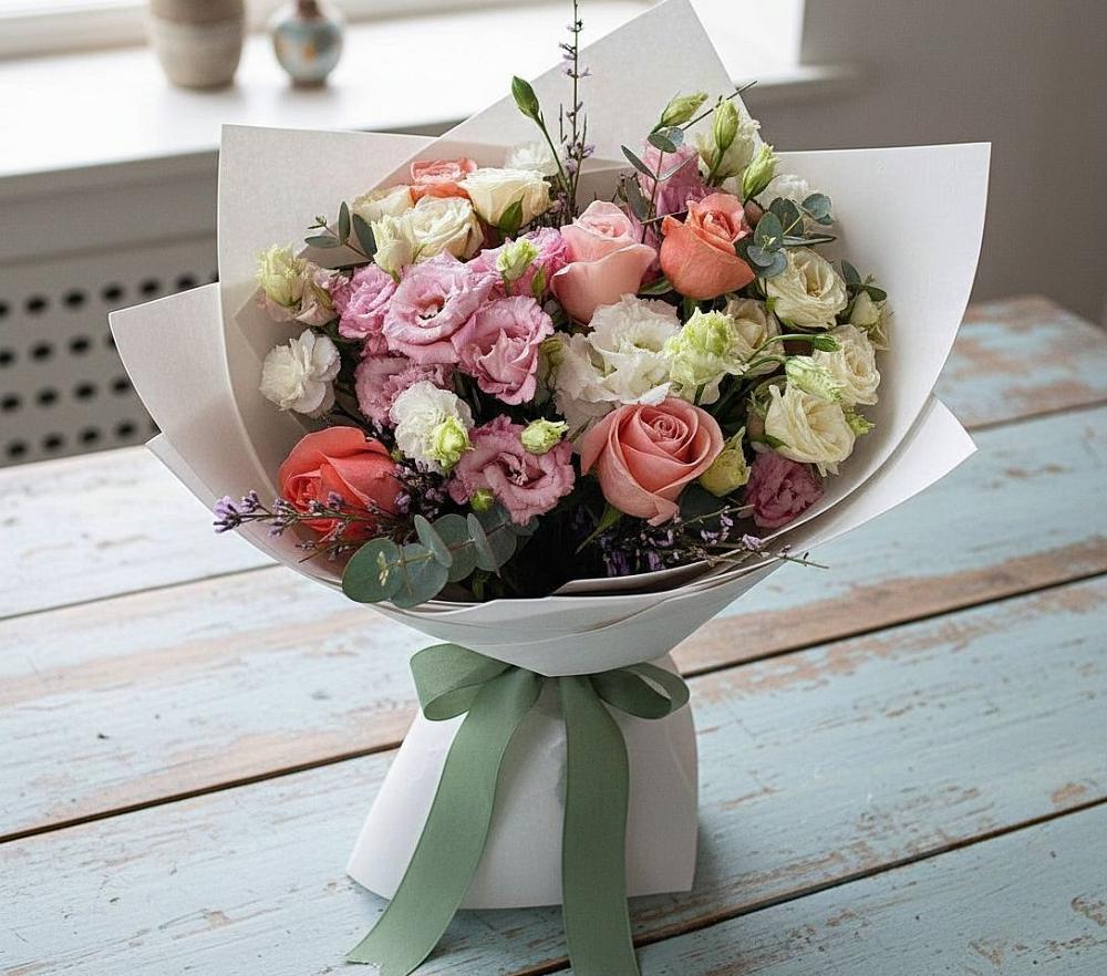 Букет цветов из: Розы, Лизиантусы и Гвоздики в Беркакит