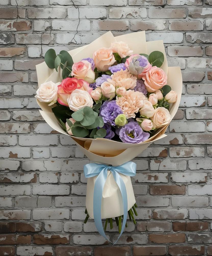 Букет цветов из: Розы, Лизиантусы и Гвоздики в Беркакит