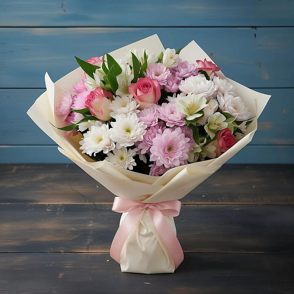 Букет цветов из: Хризантемы, Альстромерии и Розы в Беркакит